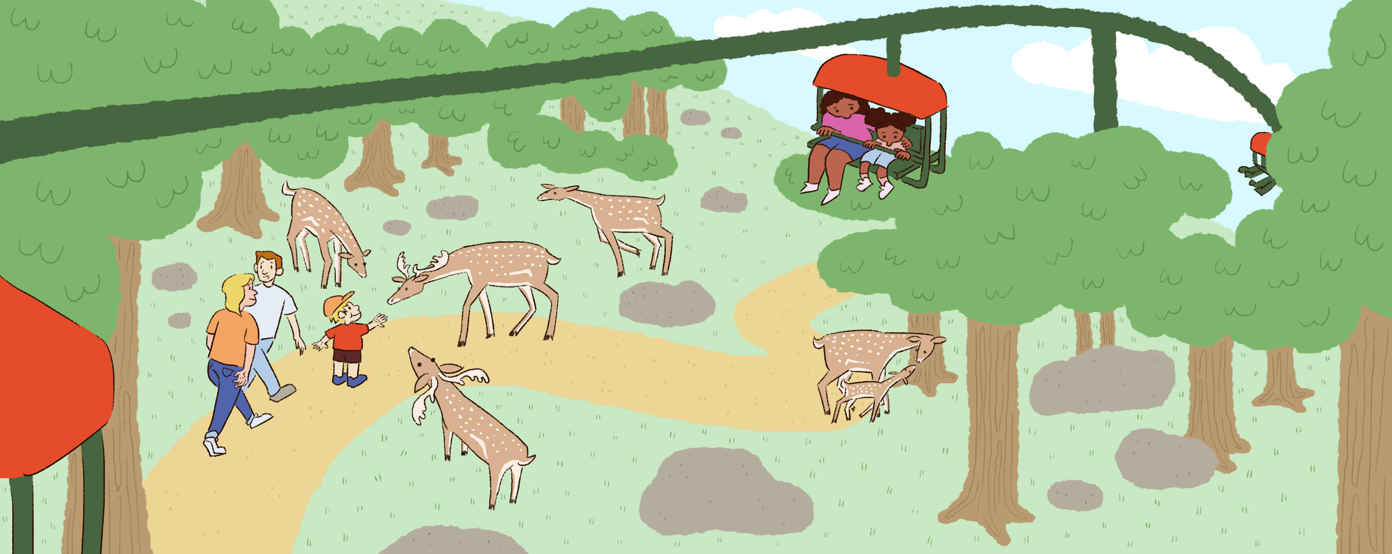client work for Wachusett FreePress, center spread illustration of Southwick's Zoo Deer Forest and Skyfari Sky Ride