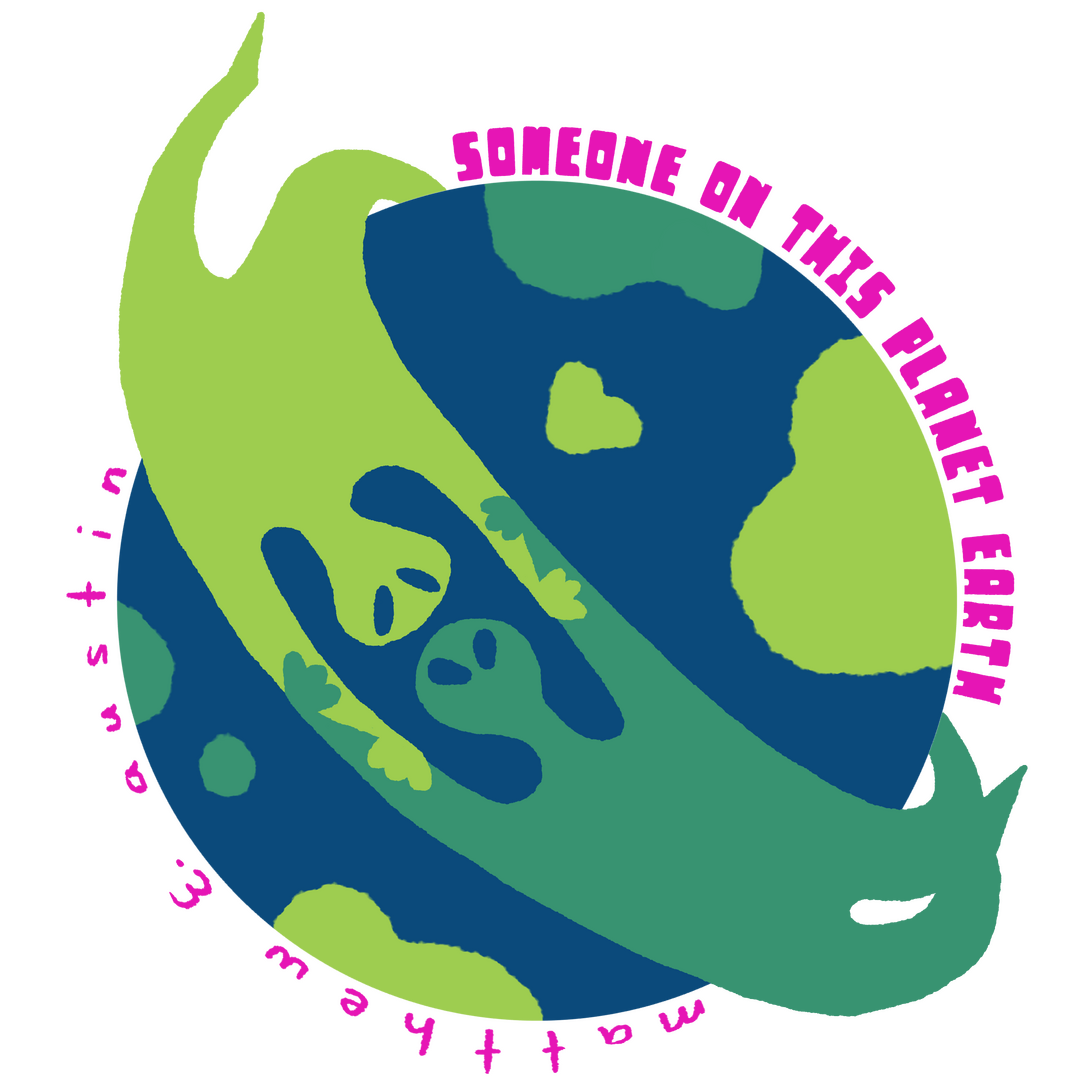 someone on this planet earth logo: cartoon drawing of earth with two green aliens holding hands in orbit of the earth like planetary rings